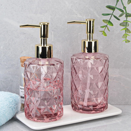 NIERBO 12 Ounce Pink Diamond Design Glass Refillable Hand Soap Dispensers, Mouthwash & Lotion Dispensers for Kitchen, Bathroom, Set of 2