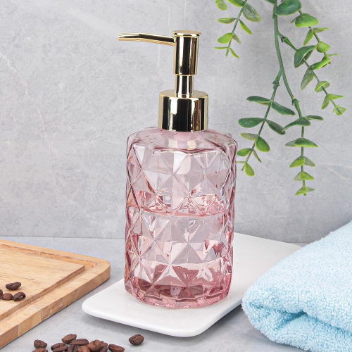 NIERBO 12 Ounce Pink Diamond Design Glass Refillable Hand Soap Dispensers, Mouthwash & Lotion Dispensers for Kitchen, Bathroom, Set of 2