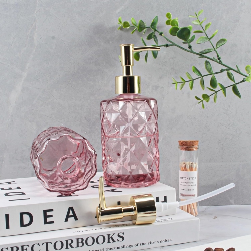 NIERBO 12 Ounce Pink Diamond Design Glass Refillable Hand Soap Dispensers, Mouthwash & Lotion Dispensers for Kitchen, Bathroom, Set of 2