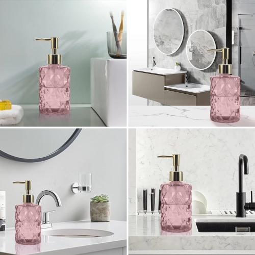 NIERBO 12 Ounce Pink Diamond Design Glass Refillable Hand Soap Dispensers, Mouthwash & Lotion Dispensers for Kitchen, Bathroom, Set of 2