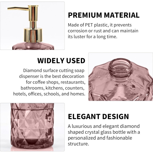 NIERBO 12 Ounce Pink Diamond Design Glass Refillable Hand Soap Dispensers, Mouthwash & Lotion Dispensers for Kitchen, Bathroom, Set of 2