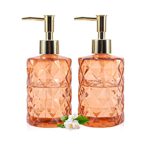 NIERBO 12 Ounce Amber Diamond Design Glass Refillable Hand Soap Dispensers, Mouthwash & Lotion Dispensers for Kitchen, Bathroom, Set of 2