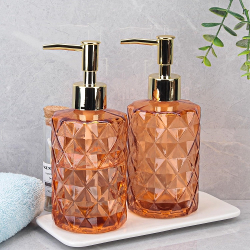 NIERBO 12 Ounce Amber Diamond Design Glass Refillable Hand Soap Dispensers, Mouthwash & Lotion Dispensers for Kitchen, Bathroom, Set of 2