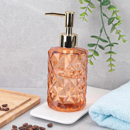 NIERBO 12 Ounce Amber Diamond Design Glass Refillable Hand Soap Dispensers, Mouthwash & Lotion Dispensers for Kitchen, Bathroom, Set of 2