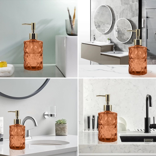 NIERBO 12 Ounce Amber Diamond Design Glass Refillable Hand Soap Dispensers, Mouthwash & Lotion Dispensers for Kitchen, Bathroom, Set of 2