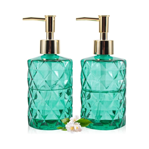 NIERBO 12 Ounce Green Diamond Design Glass Refillable Hand Soap Dispensers, Mouthwash & Lotion Dispensers for Kitchen, Bathroom, Set of 2