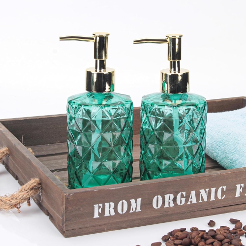 NIERBO 12 Ounce Green Diamond Design Glass Refillable Hand Soap Dispensers, Mouthwash & Lotion Dispensers for Kitchen, Bathroom, Set of 2