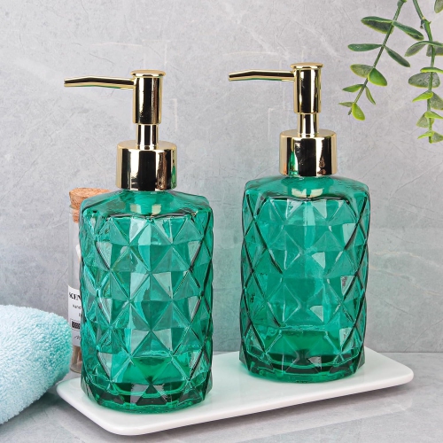NIERBO 12 Ounce Green Diamond Design Glass Refillable Hand Soap Dispensers, Mouthwash & Lotion Dispensers for Kitchen, Bathroom, Set of 2