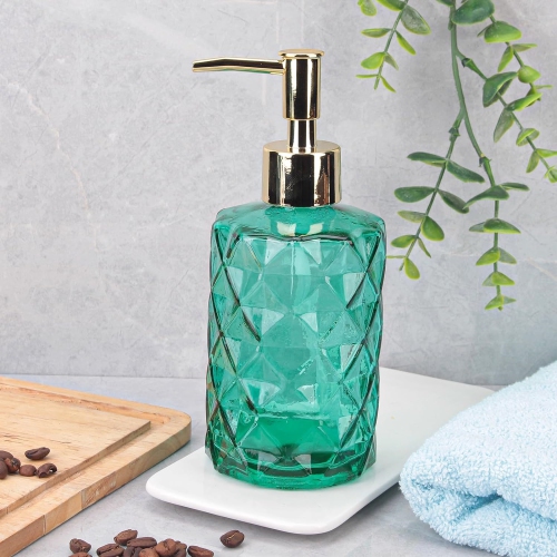 NIERBO 12 Ounce Green Diamond Design Glass Refillable Hand Soap Dispensers, Mouthwash & Lotion Dispensers for Kitchen, Bathroom, Set of 2
