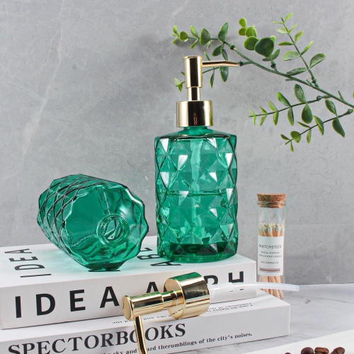 NIERBO 12 Ounce Green Diamond Design Glass Refillable Hand Soap Dispensers, Mouthwash & Lotion Dispensers for Kitchen, Bathroom, Set of 2