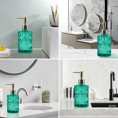 NIERBO 12 Ounce Green Diamond Design Glass Refillable Hand Soap Dispensers, Mouthwash & Lotion Dispensers for Kitchen, Bathroom, Set of 2