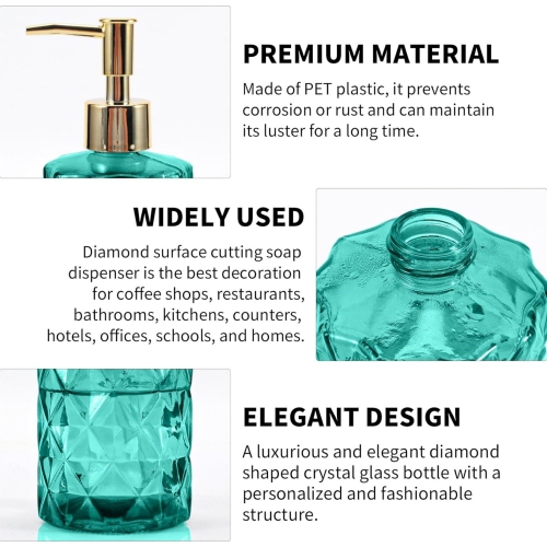 NIERBO 12 Ounce Green Diamond Design Glass Refillable Hand Soap Dispensers, Mouthwash & Lotion Dispensers for Kitchen, Bathroom, Set of 2