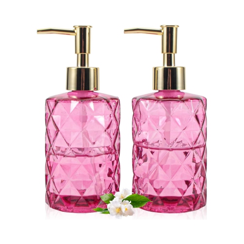 NIERBO 12 Ounce Rose Diamond Design Glass Refillable Hand Soap Dispensers, Mouthwash & Lotion Dispensers for Kitchen, Bathroom, Set of 2