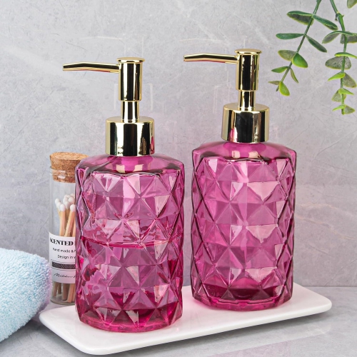 NIERBO 12 Ounce Rose Diamond Design Glass Refillable Hand Soap Dispensers, Mouthwash & Lotion Dispensers for Kitchen, Bathroom, Set of 2