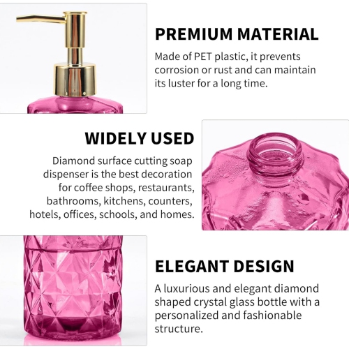 NIERBO 12 Ounce Rose Diamond Design Glass Refillable Hand Soap Dispensers, Mouthwash & Lotion Dispensers for Kitchen, Bathroom, Set of 2