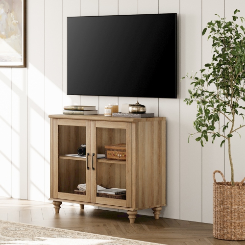 WAMPAT Farmhouse TV Stand for TVs Up to 43 inch,Glass Wood Universal TV Stand with 2 Storage Cabinets,Oak Entertainment Center for 32-43 inch Media