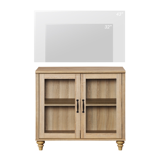 WAMPAT Farmhouse TV Stand for TVs Up to 43 inch,Glass Wood Universal TV Stand with 2 Storage Cabinets,Oak Entertainment Center for 32-43 inch Media