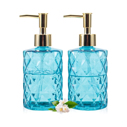 NIERBO 12 Ounce Blue Diamond Design Glass Refillable Hand Soap Dispensers, Mouthwash & Lotion Dispensers for Kitchen, Bathroom, Set of 2