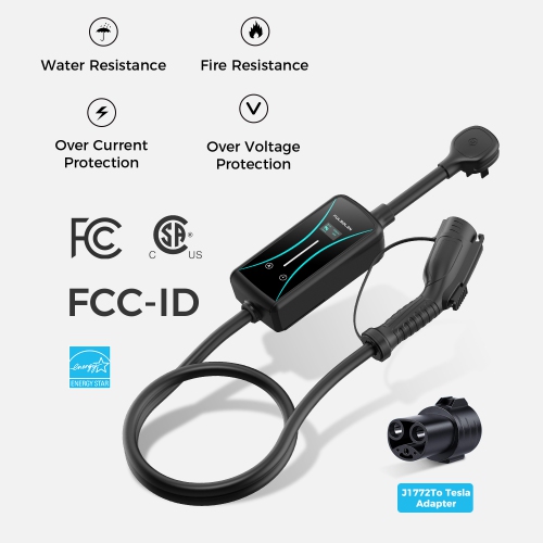 Fulsolen Level 2 EV Charger for Tesla, 40Amp/240V/9.6Kw EV Charger with J1772 to Tesla Adapter, Indoor/Outdoor Portable EV Charger with 22ft Cable,