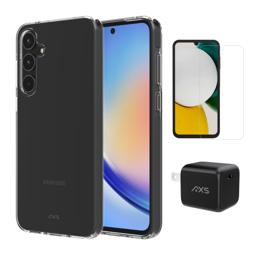 AXS Starter Kit bundle with Ultra Clear Case, Screen Protector and 30W Charger for Samsung Galaxy A35