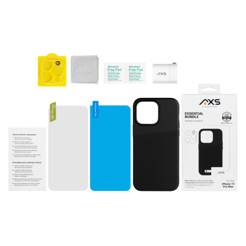 AXS Essential Bundle | PROTech Plus Case, Screen Protectors and 20w Charger for Apple iPhone 15 Pro Max