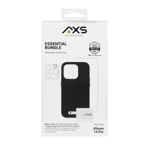 AXS BY AXESSORIZE  Axs Essential Bundle | Protech Plus Case, Screen Protectors And 20W Charger for Apple Iphone 15 Pro