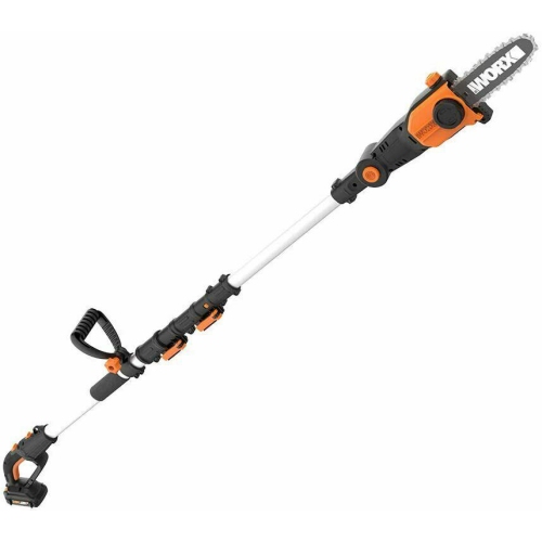 WORX  Wg349 20V Power Share 8" Pole Saw With Auto Tension I am 71 years old and I use this perfect saw to limb over top my flower gardens and limb some very big cottonwood trees on the river that I live on this saw is very light weight and easy to handle even for a very short older person had another brand before this saw and it was not as light weight and as easy to control and operate as my worx saw