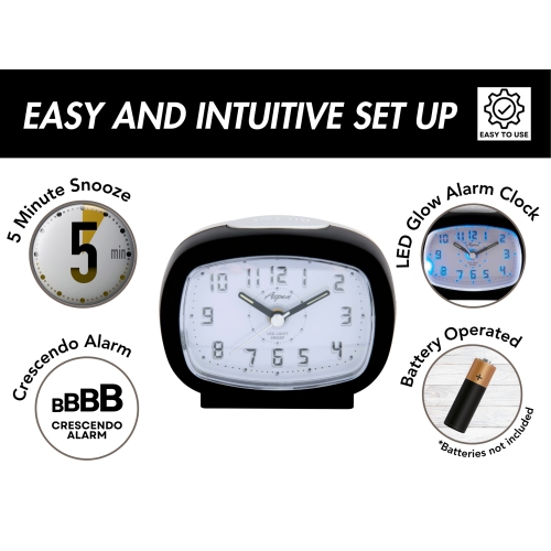 Battery Powered Oval Analog Bedside Alarm Clock with Snooze & Blue LED Backlight, Silent Sweep, Easy-to-Read Dial