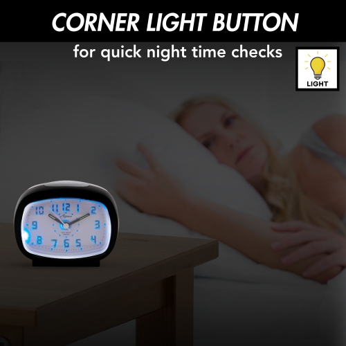 Battery Powered Oval Analog Bedside Alarm Clock with Snooze & Blue LED Backlight, Silent Sweep, Easy-to-Read Dial
