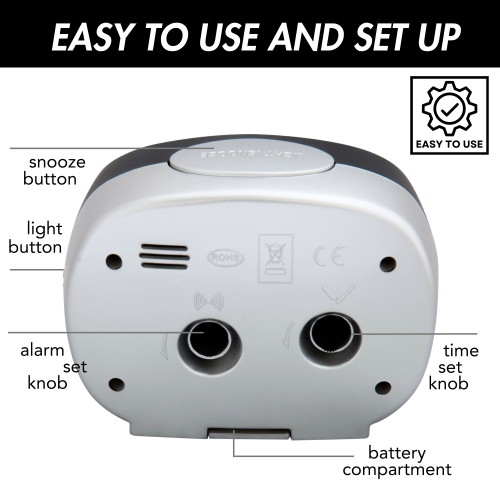 Battery Powered Oval Analog Bedside Alarm Clock with Snooze & Blue LED Backlight, Silent Sweep, Easy-to-Read Dial