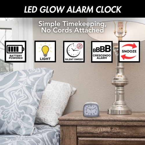 Petit réveille-matin analogique alimenté par piles avec fonctions Snooze et rétroéclairage doux, balayage silencieux, cadran facile à lire