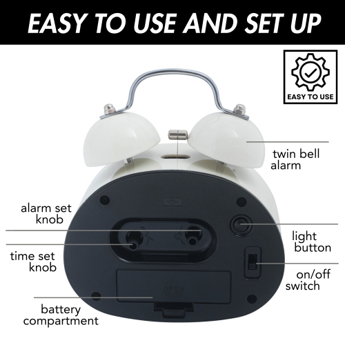 Loud Oval Twin Bell Analog Alarm Clock for Adults and Kids, Soft Backlight, Retro Alarm Clock for Heavy Sleepers, Battery Powered, Easy to Read Dial