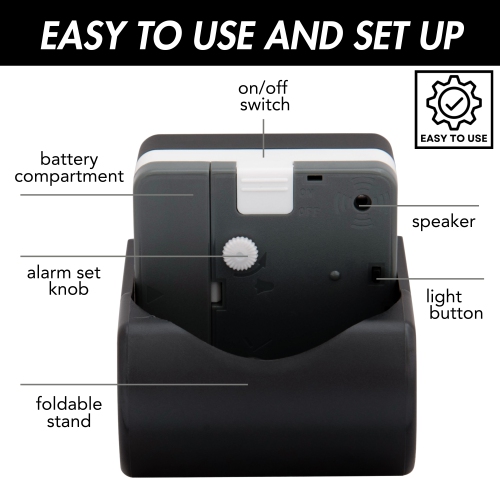 Mini réveille-matin de voyage analogique pliable - veilleuse et aiguilles phosphorescentes - balayage silencieux, alimenté par piles