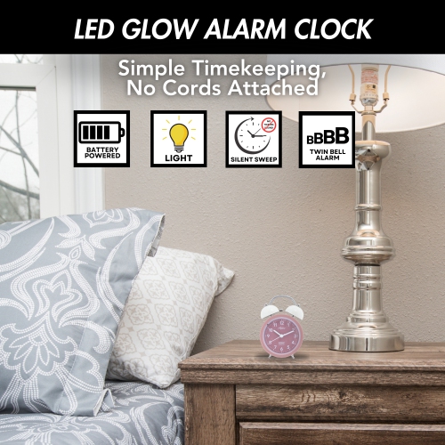 Loud Twin Bell Analog Alarm Clock for Adults and Kids, Soft Backlight, Retro Alarm Clock for Heavy Sleepers, Battery Powered, Easy to Read Colored