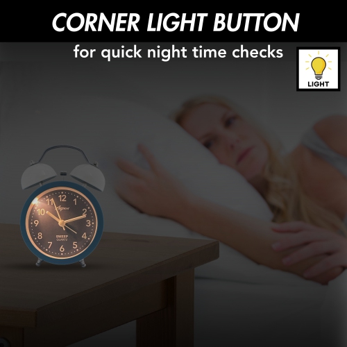 Loud Twin Bell Analog Alarm Clock for Adults and Kids, Soft Backlight, Retro Alarm Clock for Heavy Sleepers, Battery Powered, Easy to Read Colored