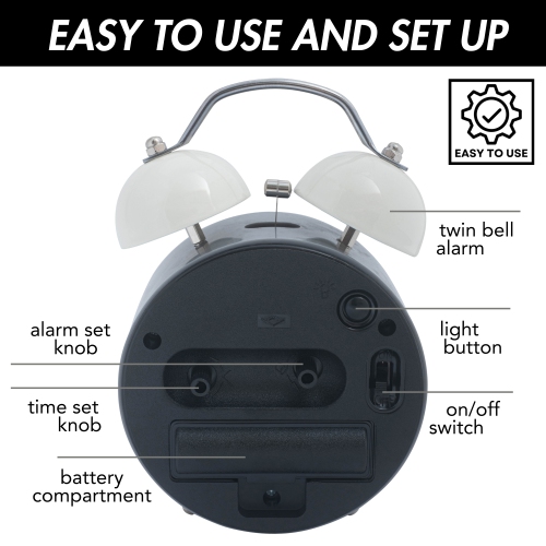 Loud Twin Bell Analog Alarm Clock for Adults and Kids, Soft Backlight, Retro Alarm Clock for Heavy Sleepers, Battery Powered, Easy to Read Colored