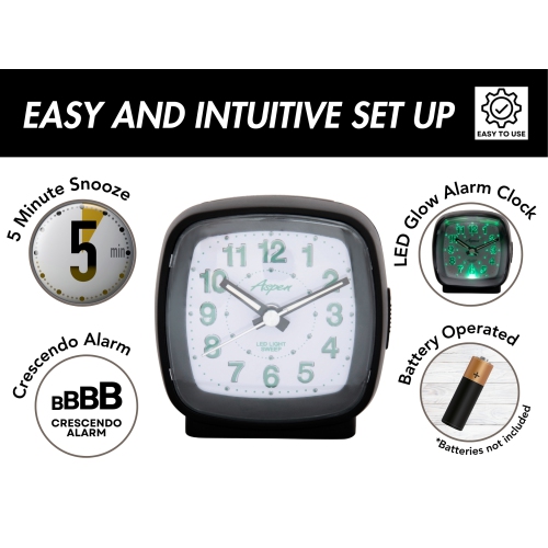 Réveille-matin analogique carré alimenté par piles avec fonctions Snooze et rétroéclairage DEL vert, balayage silencieux, cadran facile à lire