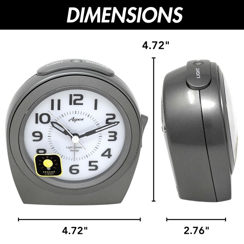 Sensor Night Light, Round Analog Bedside Alarm Clock, Green LED, Snooze, Silent Sweep, Easy-to-Read Dial, Battery Powered