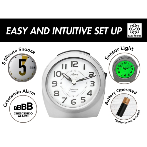 Sensor Night Light, Round Analog Bedside Alarm Clock, Green LED, Snooze, Silent Sweep, Easy-to-Read Dial, Battery Powered