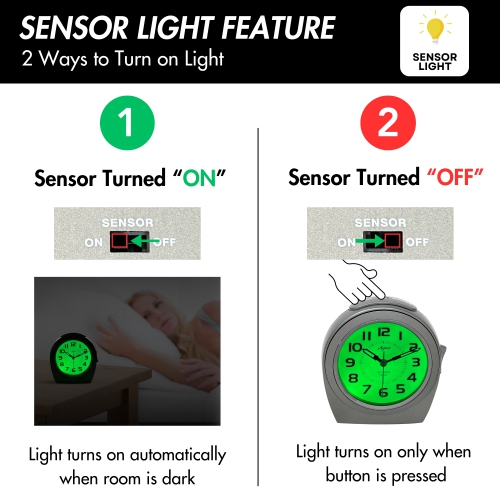 Sensor Night Light, Round Analog Bedside Alarm Clock, Green LED, Snooze, Silent Sweep, Easy-to-Read Dial, Battery Powered