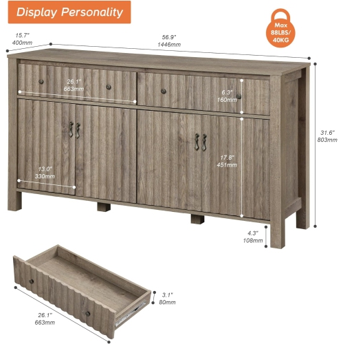 Meuble champêtre pour téléviseur de 57 po et moins de WAMPAT 75, meuble de divertissement gris rétro pour console de téléviseur 55/65/75 po,