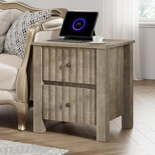 WAMPAT  Modern End Table \w Charging Station, Vintage Wood Sofa Table \w Outlet&USB Ports, Farmhouse Nightstand Bedside Table \w 2 Storage Drawers