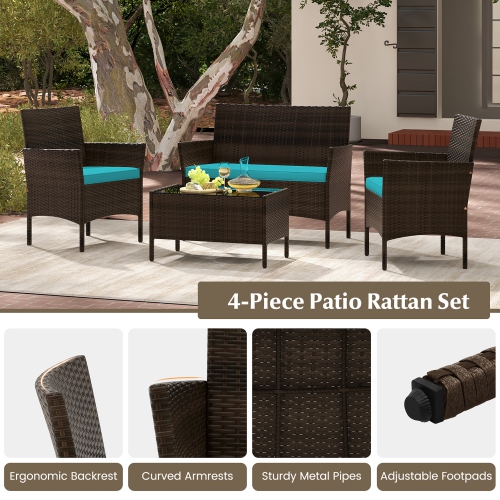 Gymax 4 Piece Patio Rattan Conversation Set Wicker Furniture Set w/ Chair Loveseat Outdoor