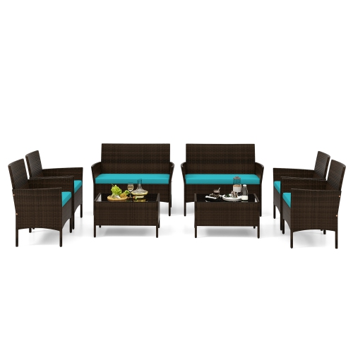 GYMAX  8 Piece Patio Rattan Conversation Set Wicker Furniture Set W/ Chair Loveseat Outdoor