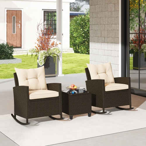 Gymax 3 Piece Outdoor Rocking Set Rattan Rocking Chair Set w/ Tempered Glass Table Seat