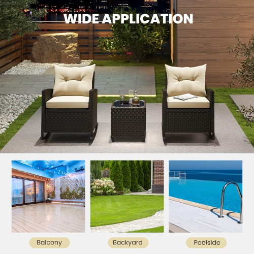 Gymax 3 Piece Outdoor Rocking Set Rattan Rocking Chair Set w/ Tempered Glass Table Seat