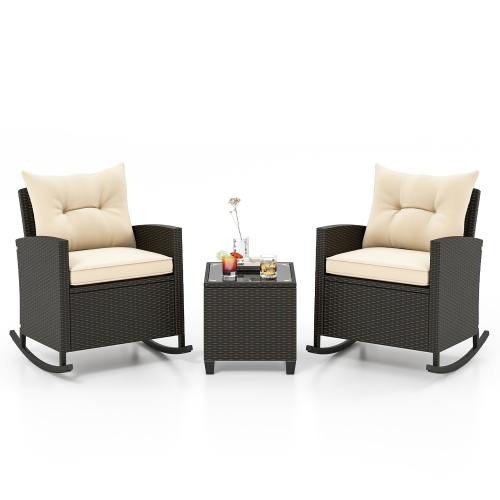 Gymax 3 Piece Outdoor Rocking Set Rattan Rocking Chair Set w/ Tempered Glass Table Seat