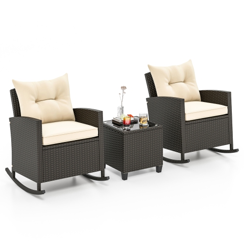 Gymax 3 Piece Outdoor Rocking Set Rattan Rocking Chair Set w/ Tempered Glass Table Seat