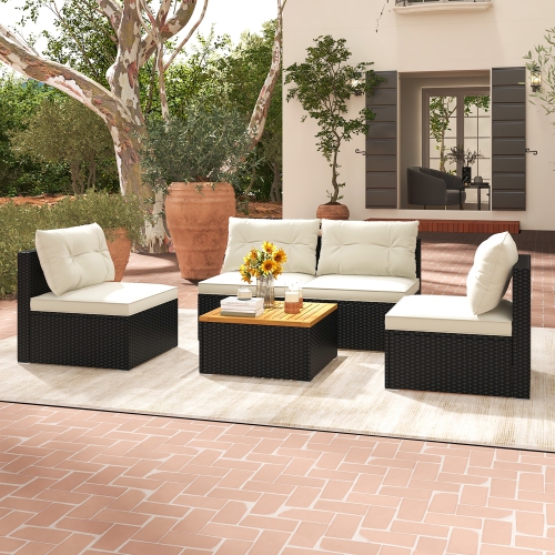 Gymax 5 PCS Rattan Sofa Set Outdoor Wicker Furniture Set w/ Back Cushions & Square Coffee Table