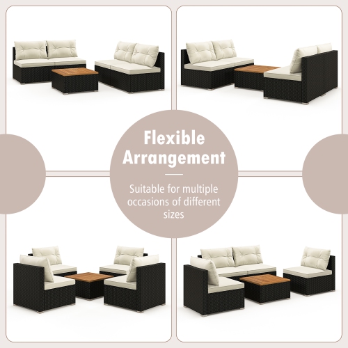 Gymax 5 PCS Rattan Sofa Set Outdoor Wicker Furniture Set w/ Back Cushions & Square Coffee Table